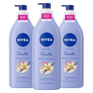 NIVEA Oil Infused Vanilla and Almond Oil Body Lotion for Women, Fast-Absorbing and Non-Greasy Vanilla Scented Lotion Moisturizes for 48 Hours, 16.9 Fl Oz Pump Bottle, Pack of 3(16.9 Fl Oz (Pack of 3))