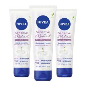 NIVEA Sensitive and Radiant Face and Body Cream for Dry, Sensitive Skin, Vegan Body and Face Moisturizer with Shea Butter and Aloe Vera, 6.8 Oz Tube, Pack of 3
