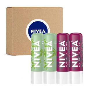 NIVEA Vegan Lip Care Acai Seed Oil and Shea Butter Lip Balm Stick, 0.17 Oz, Pack of 4(Acai and Hemp)