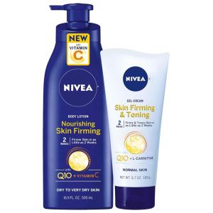 Nivea Nourishing Hydration Skin Firming Body Lotion (16.9 Fl Oz) + Skin Firming & Toning Body Gel Cream with Hyaluronic Acid (6.7 Oz), Enriched with Q10 and Vitamin C